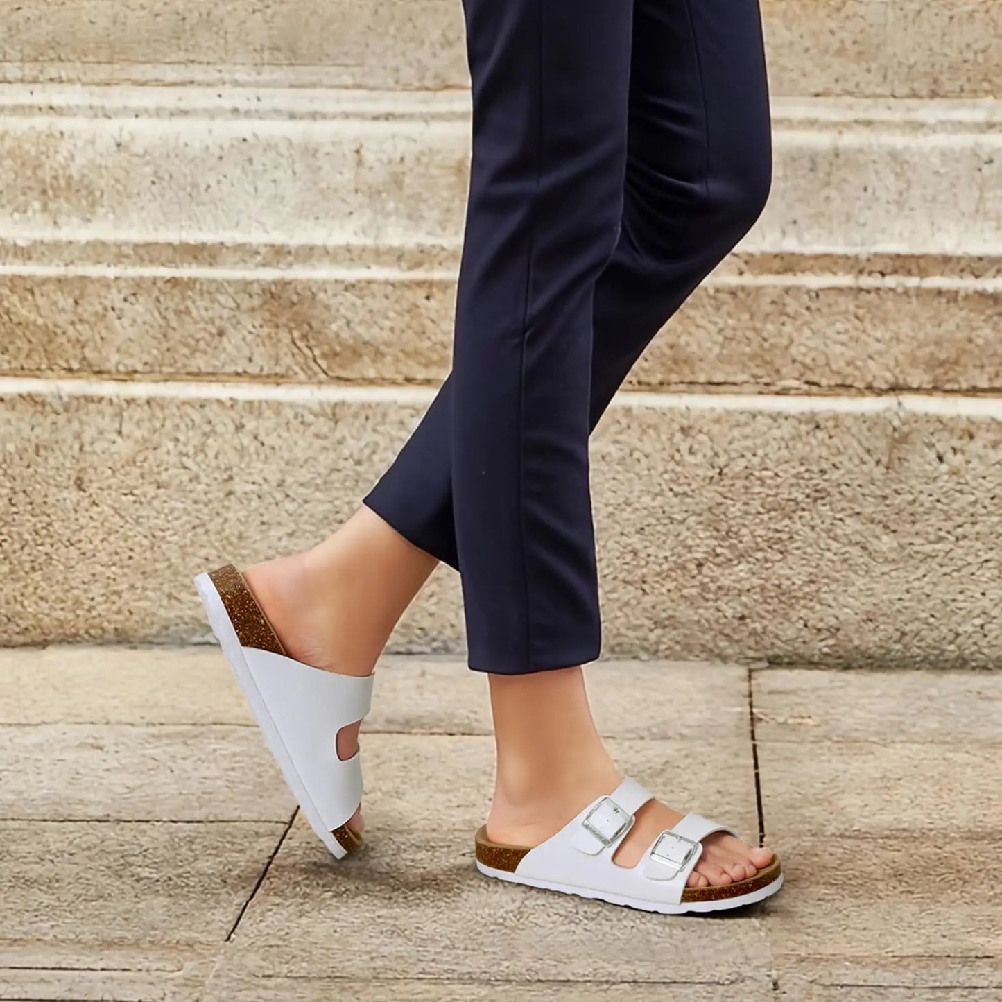 Crestar Classic Women's Cork Slippers Fashion Double Buckle Outdoor Beach Sandal Cork Footbed Leather Sandals Unisex Clogs Shoes