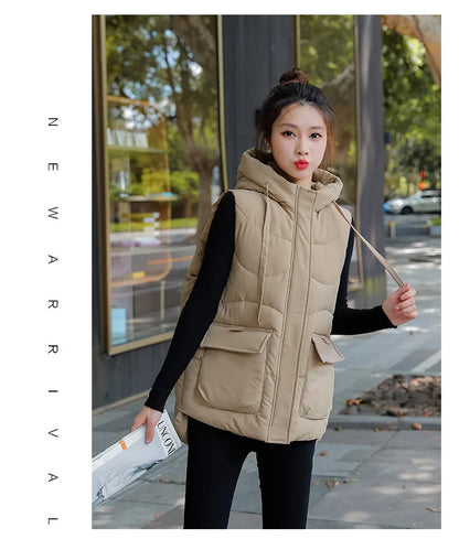 Women's Autumn Hooded Vest Coat 2025 New Short Down Cotton Padded Jacket Sleeveless Female Winter Waistcoat Warm Snow Wear Vests