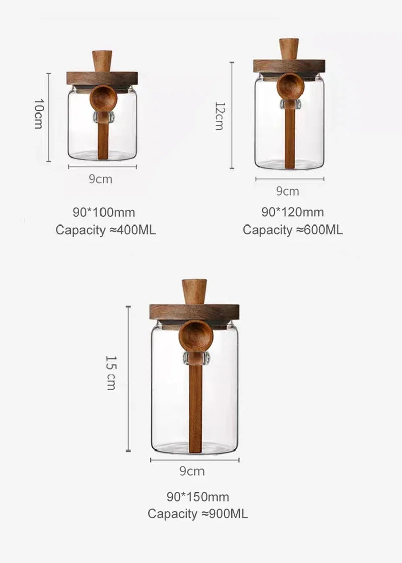 Kitchen Glass Jar Grains Coffee Beans Tealeaf Storage Containers with Wood Spoon Lid Clear Spice Jar Moisture-proof Storage Tank