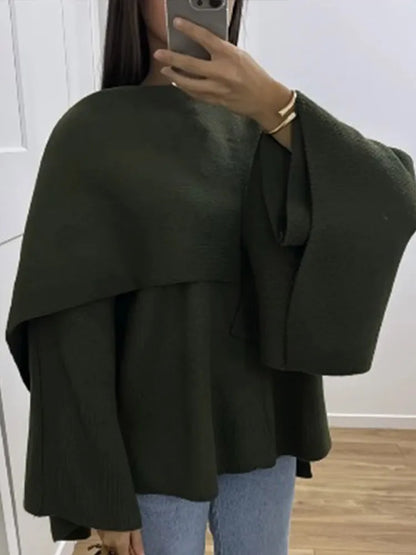 Knitted Short Coat Jacket Shawl Fashion Loose Casual Sleeved Coat Autumn Lady Cape Scarf Collar Outwear Pullover Sweater