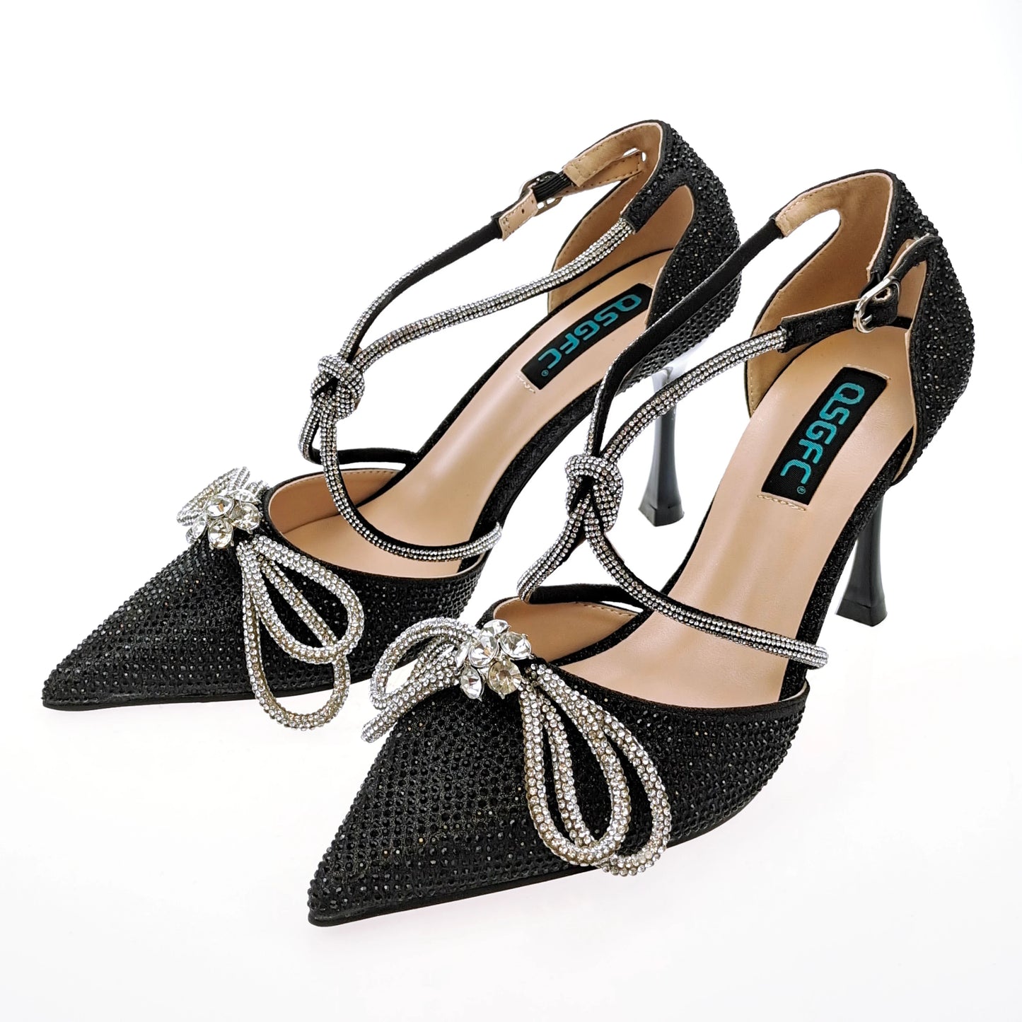 QSGFC Latest Party Women's Shoes and Bags Set Pointed Toe High Heels Full Upper Inlaid D.Purple Color Rhinestones