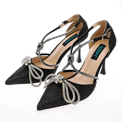 QSGFC Latest Party Women's Shoes and Bags Set Pointed Toe High Heels Full Upper Inlaid D.Purple Color Rhinestones