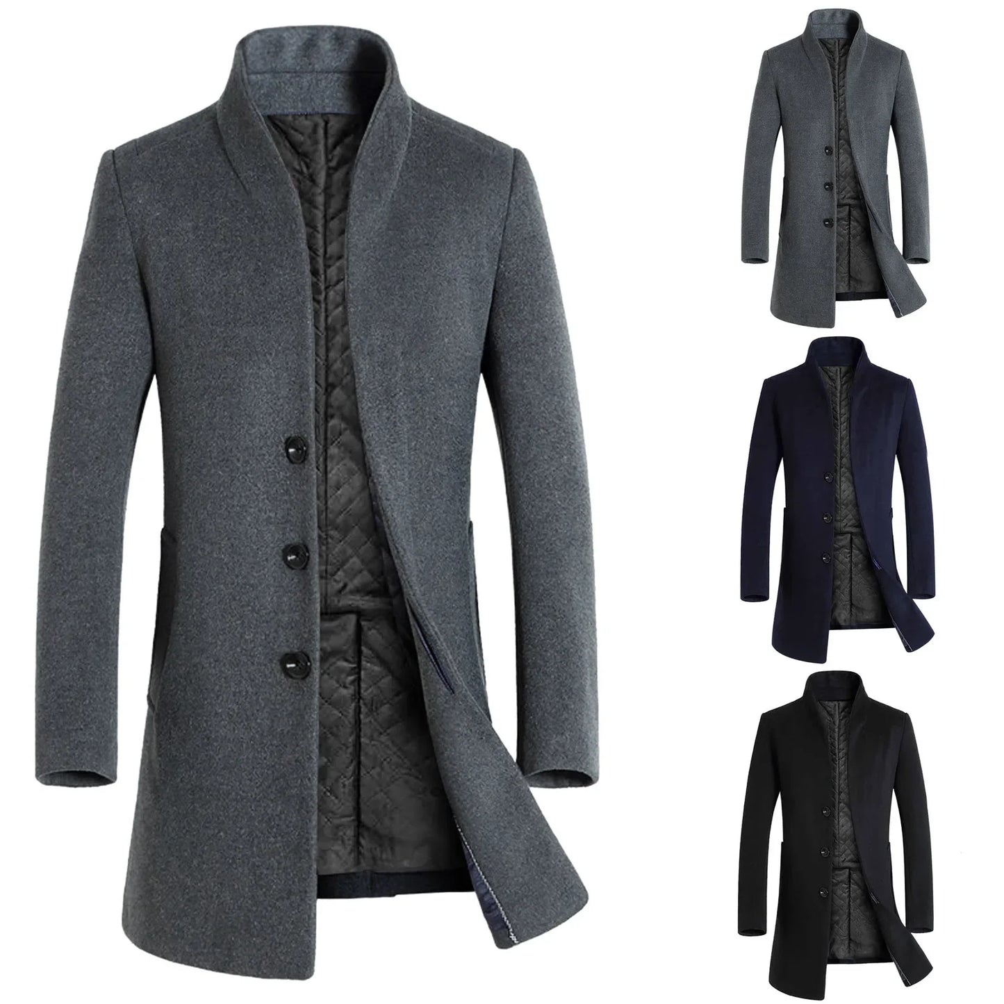 Men Coat Autumn Winter Mid-Length Trench Jackets Casual Solid Single Breasted Long Sleeve Lapel Collar Overcoat Male Slim Jacket