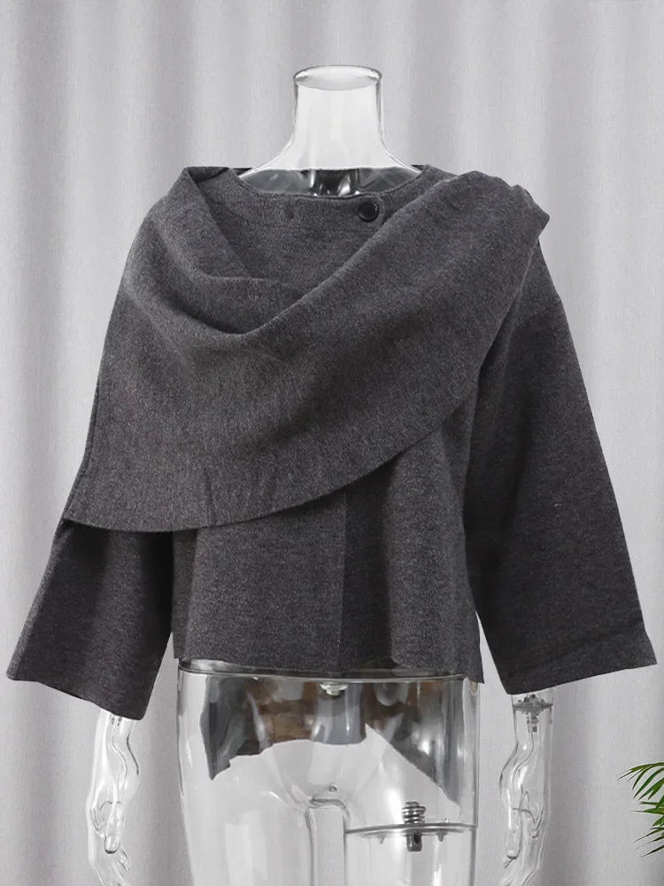 Knitted Short Coat Jacket Shawl Fashion Loose Casual Sleeved Coat Autumn Lady Cape Scarf Collar Outwear Pullover Sweater