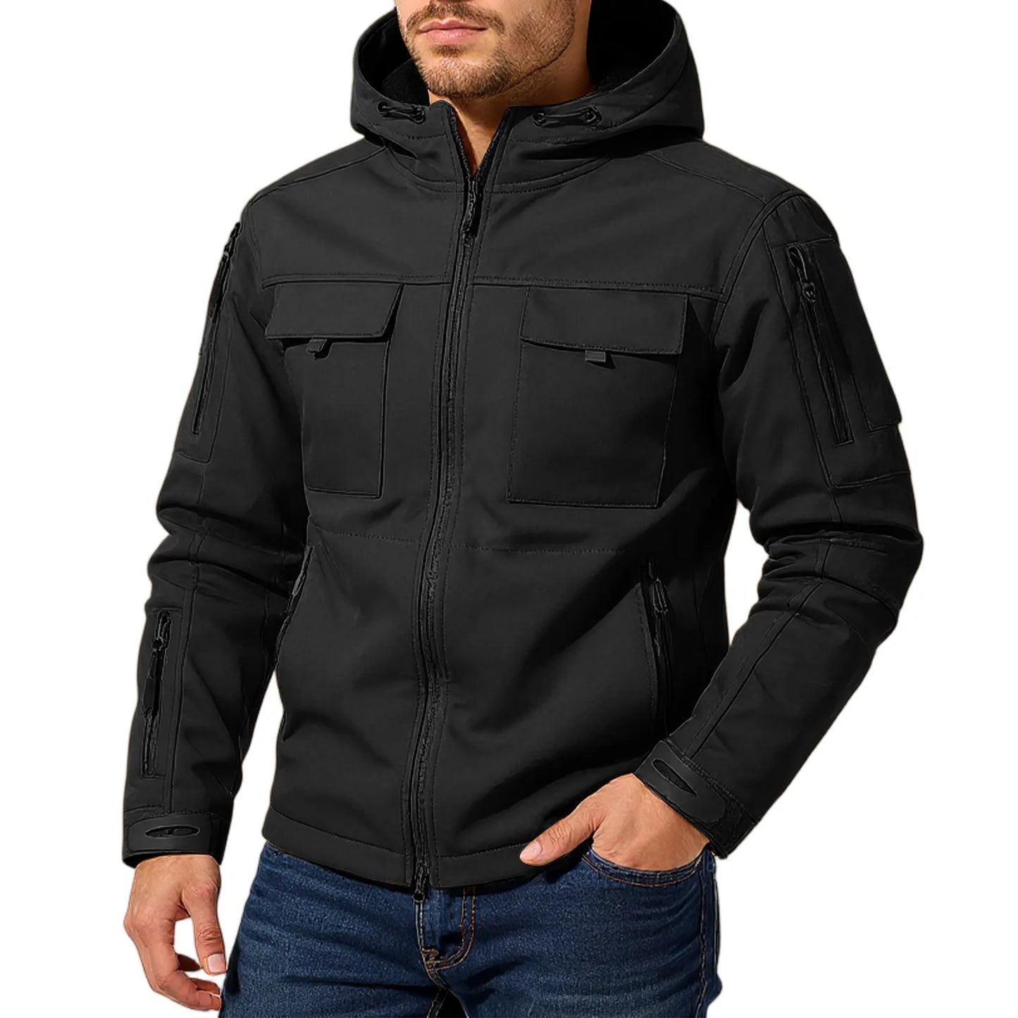 Mens workwear jacket loose fit hooded windbreaker outdoor casual streetwear stylish waterproof trekking coat rugged fashion