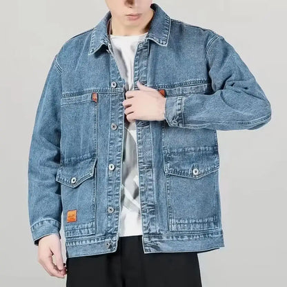 Trendy Denim Jacket Turn-down Collar Men Coat Long Sleeves Mid Length Spring Denim Coat  Thermal