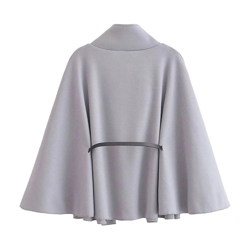 Women's Spring Fashion Cloak with Belt Simple Batwing Sleeves Adjustable Waist Strap Elegant Coat for Ladies