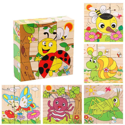 Early Learning Educational Toys Baby Wooden Blocks Toys Animal Fruit Traffic Cognize Children Six Side Cube Jigsaw Puzzles Game