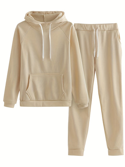 Women'S Casual Polyester Hooded Sweatshirt and Pants Set, Solid Color Long Sleeve Pullover with Pocket Detail, 100% Polyester Knit Fabric, Fall/Winter Sportswear