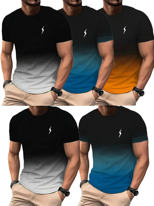 5-Pack Men's Polyester Athletic T-Shirts, Basic Crew Neck with Slight Stretch, Gradient Cool 3D Print Quick Dry Short Sleeve Fitness Tops, Knit Fabric Spring/Summer Sportswear