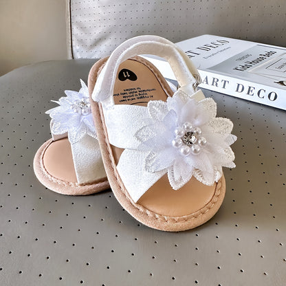 Baby Girls Flower Hook And Loop Sandals, Lightweight Non-Slip Comfy Walking Shoes For Newborn Infant, Summer