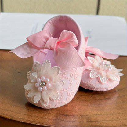 Baby Girls Mary Jane Flat Shoes With Flower Decor Soft Comfy Crib Shoes First Walker Shoes For Newborn Infant, Spring And Summer