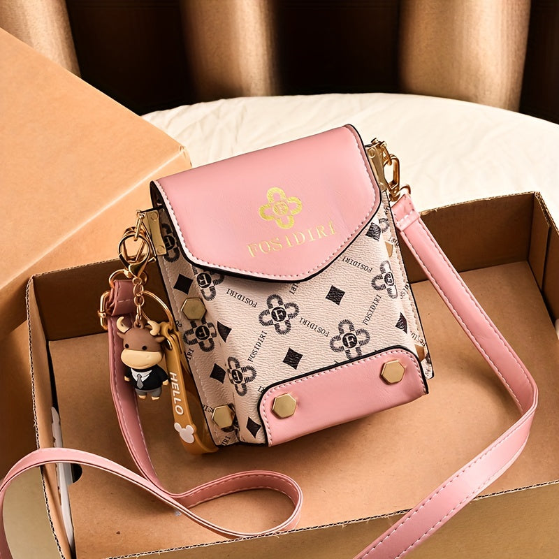 Chic Retro Mini Phone Purse - Fashionable Flap Crossbody with Adjustable Strap, Eye-Popping Letter Prints, and Glamorous Studs - Compact Square Shape for Womens Everyday Chic
