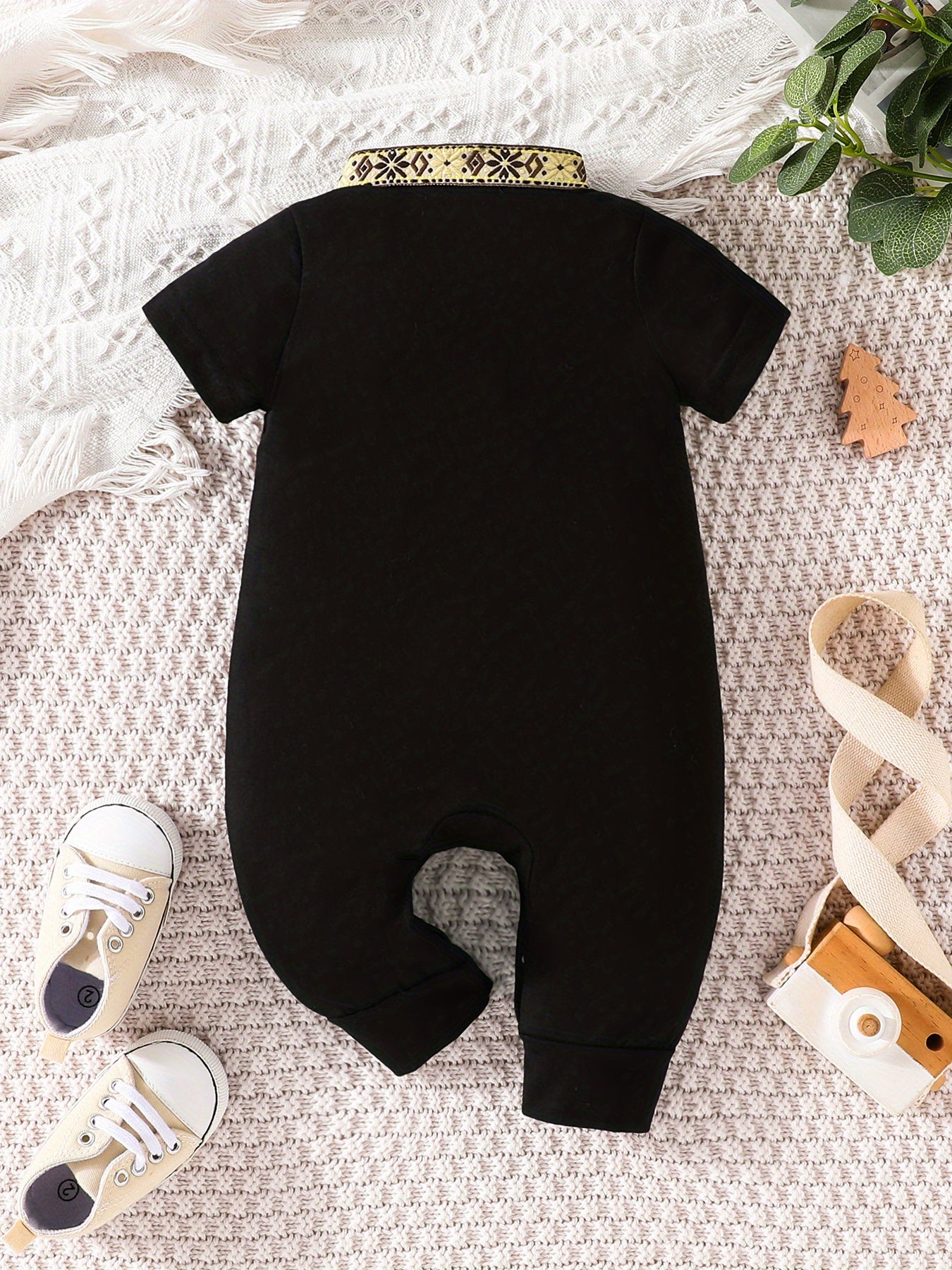 Eid Al-Adha Eid Al-Adha Baby Boy's Short Sleeve Casual Jumpsuit, Lapel Button Up Classic Floral Printed Bodysuit, Eid Al-Adha