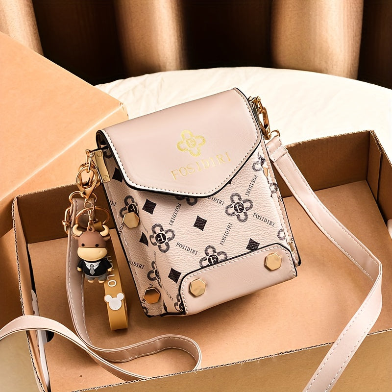 Chic Retro Mini Phone Purse - Fashionable Flap Crossbody with Adjustable Strap, Eye-Popping Letter Prints, and Glamorous Studs - Compact Square Shape for Womens Everyday Chic