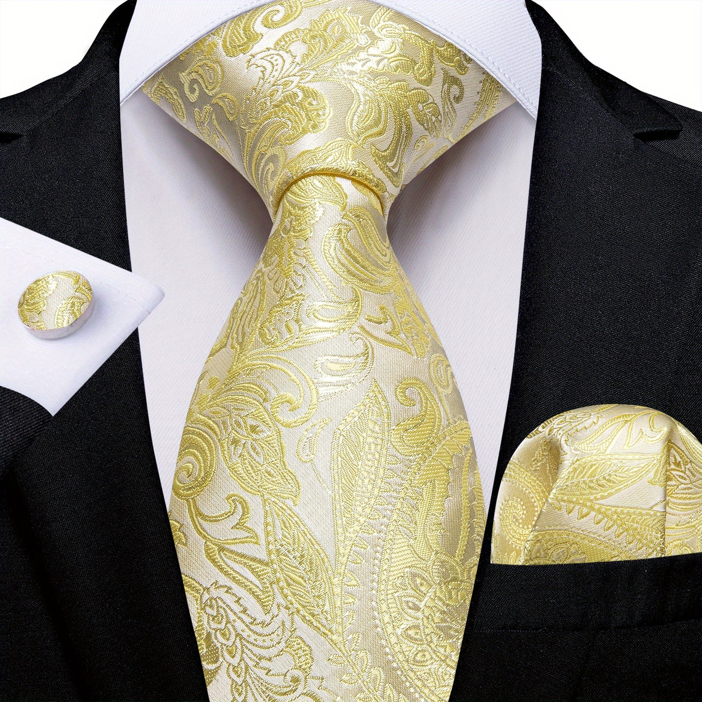 Classic Striped Tie Set For Men Blue Yellow Ties Trendy Woven Necktie Hanky Cufflinks Set Business Tie, Ideal choice for Gifts
