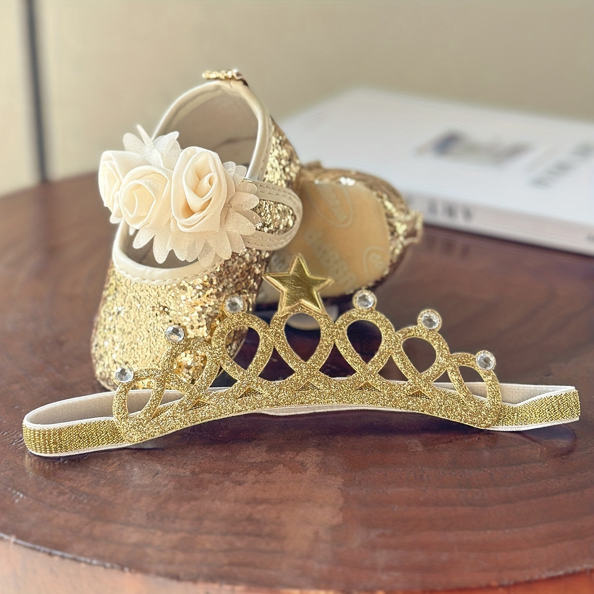 2pcs Baby Girls Mary Jane Flat Shoes With Flower Decor & Crown Headband, Princess Dress Crib Shoes First Walker Shoes For Newborn Infant