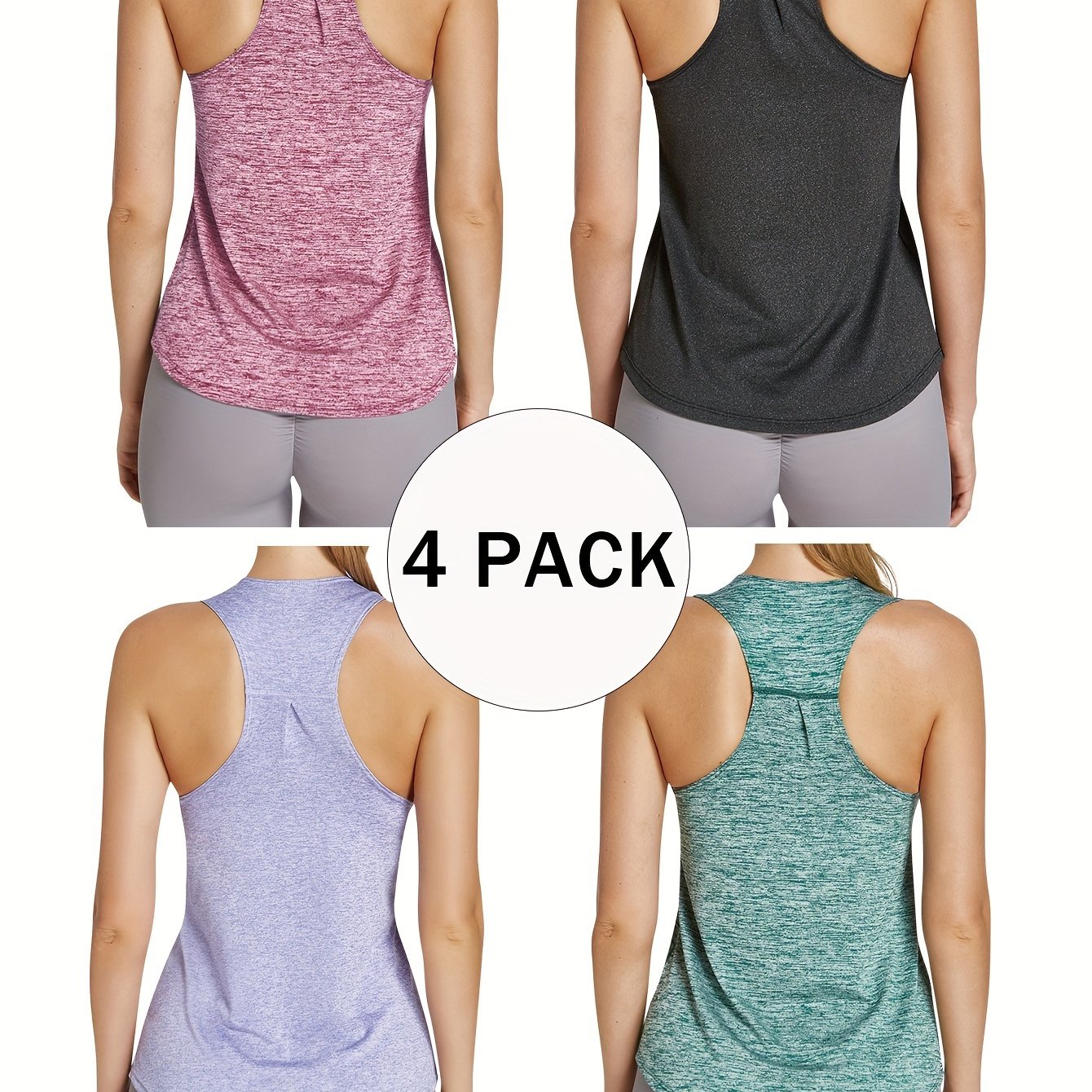 4pcs Women's Quick-Dry Workout Tank Tops - Sleeveless Racerback Yoga Tops with Medium Stretch, Round Neck Activewear for Gym, Training & Casual Wear, 4 Solid Colors (Pink/Black/Dark Grey/Light Teal), Workout Clothes, Gym Appa