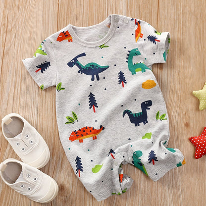 Baby Boys And Girls Cute Dinosaur Graphic Print Cotton Short Sleeve Romper Jumpsuit Clothes