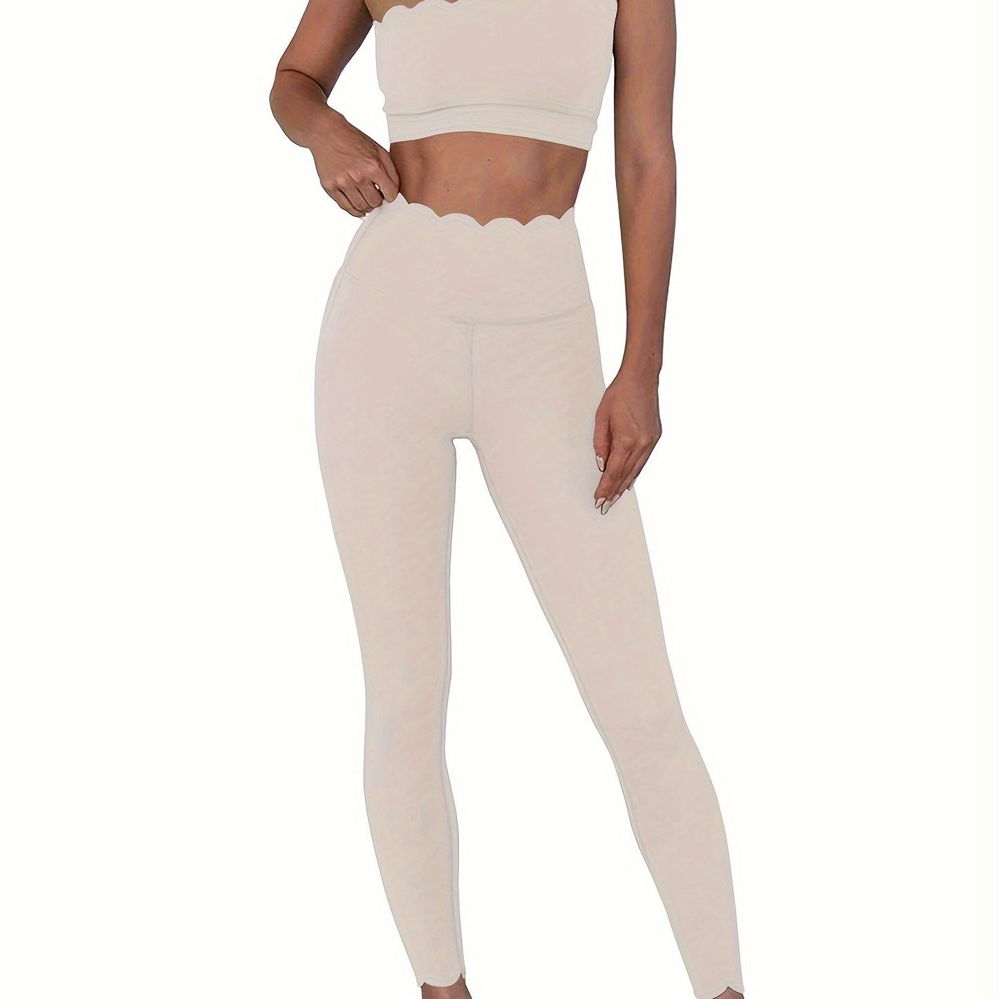 Women's 2 Piece Set Solid Color Sports Casual Suit, One Shoulder Tube Top And High Waist Skinny Leggings, Women's Sportswear