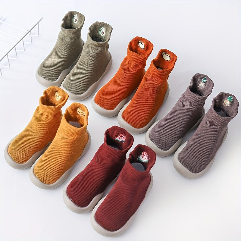 Infant Baby Girls Cute Cartoon Fruit Embroidery Lightweight High Top Sock Shoes, Toddlers Outdoor Comfortable Non-slip Soft Sole Slip On Floor Shoes