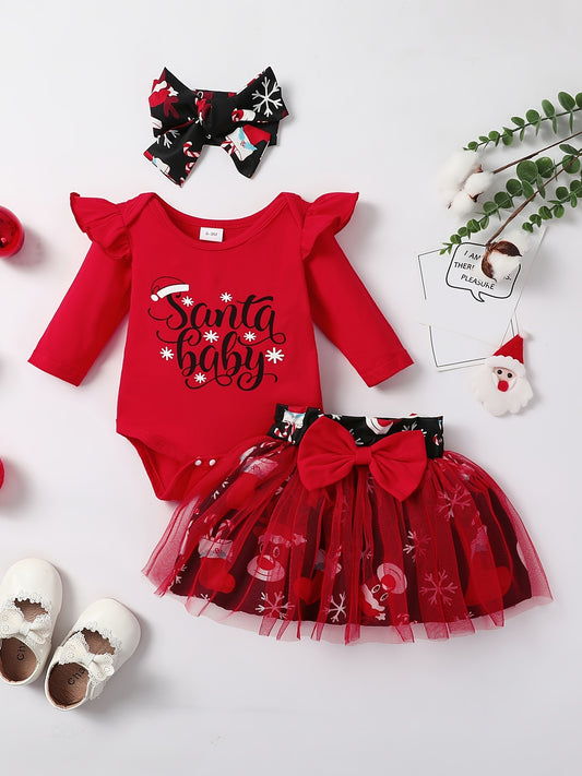 Baby Girls Adorable Christmas Outfit Infant Long Sleeve Romper & Snowman Print Tulle Dresses Set Festival Party Dress Up