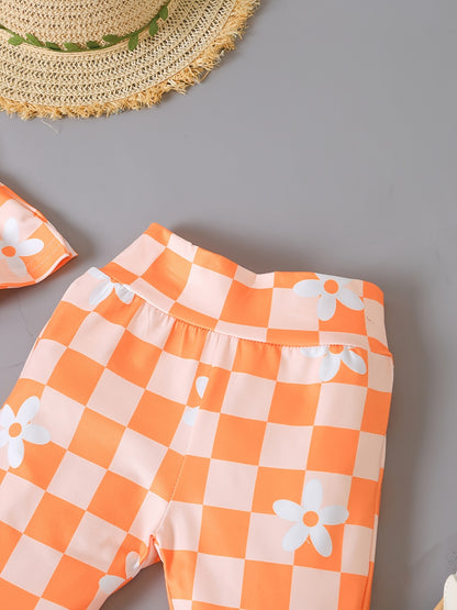 2pcs Adorable Baby Girls Floral Plaid Cami Tops & Flare Pants Set - Soft Medium Stretch Fabric, Ruffle Details, Sleeveless, Casual Style - Perfect for Spring/Summer Season