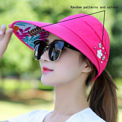 Women'S Wide Brim Sun Visor Hat with Faux Pearl & Floral Embellishments - Foldable Beach & Picnic Cap, Lightweight & Breathable for Outdoor Activities, All-Season Use, Sun Visor Hat, Picnic Headwear, Stylish Headgear, Durable
