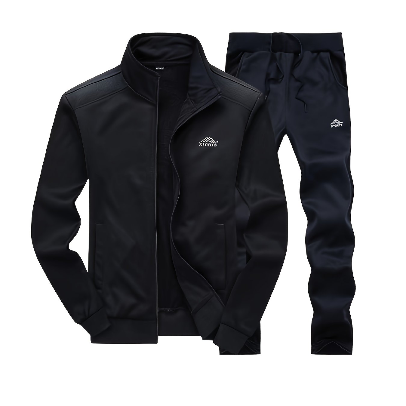 2pcs Embroidered Stand Collar Zip Up Jacket & Elastic Waist Drawstring Pants - Men's Sportswear Set for Outdoor Activities