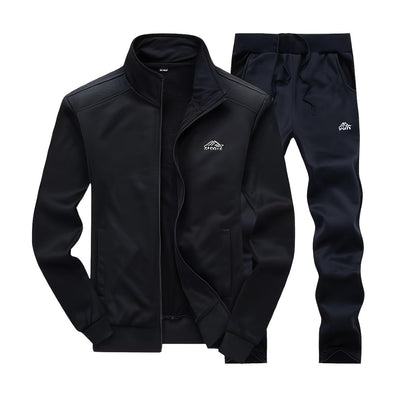 2pcs Embroidered Stand Collar Zip Up Jacket & Elastic Waist Drawstring Pants - Men's Sportswear Set for Outdoor Activities