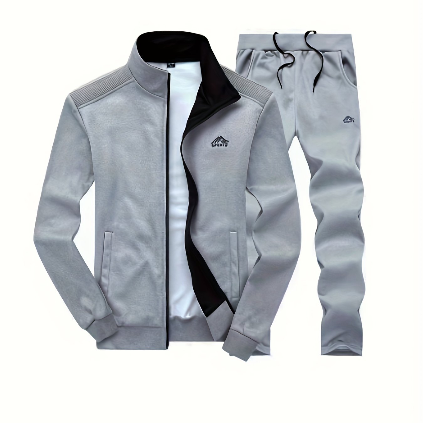 2pcs Embroidered Stand Collar Zip Up Jacket & Elastic Waist Drawstring Pants - Men's Sportswear Set for Outdoor Activities