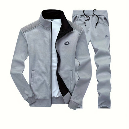 2pcs Embroidered Stand Collar Zip Up Jacket & Elastic Waist Drawstring Pants - Men's Sportswear Set for Outdoor Activities