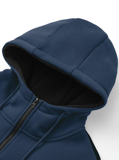 Two-Piece Color Block Men's Casual Sportswear Hoodie Set, Zip-Up Drawstring Jogging Suit For All Seasons