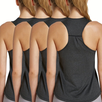 4pcs Women's Quick-Dry Workout Tank Tops - Sleeveless Racerback Yoga Tops with Medium Stretch, Round Neck Activewear for Gym, Training & Casual Wear, 4 Solid Colors (Pink/Black/Dark Grey/Light Teal), Workout Clothes, Gym Appa