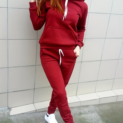 Women'S Casual Polyester Hooded Sweatshirt and Pants Set, Solid Color Long Sleeve Pullover with Pocket Detail, 100% Polyester Knit Fabric, Fall/Winter Sportswear