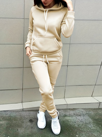 Women'S Casual Polyester Hooded Sweatshirt and Pants Set, Solid Color Long Sleeve Pullover with Pocket Detail, 100% Polyester Knit Fabric, Fall/Winter Sportswear