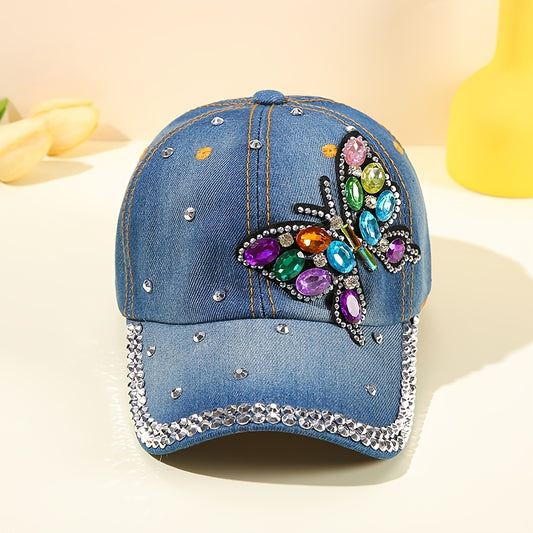 Dazzling Butterfly Rhinestone Baseball Cap - Womens UV Protection Denim Trucker Hat - Soft Washed, Fashionable for Outdoor Adventures & Music Festivals