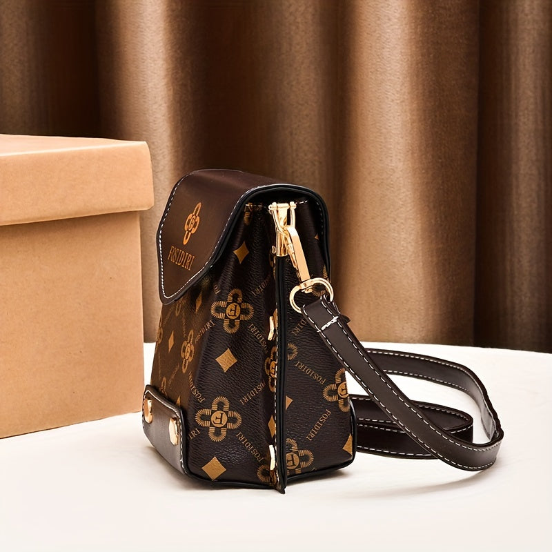 Chic Retro Mini Phone Purse - Fashionable Flap Crossbody with Adjustable Strap, Eye-Popping Letter Prints, and Glamorous Studs - Compact Square Shape for Womens Everyday Chic