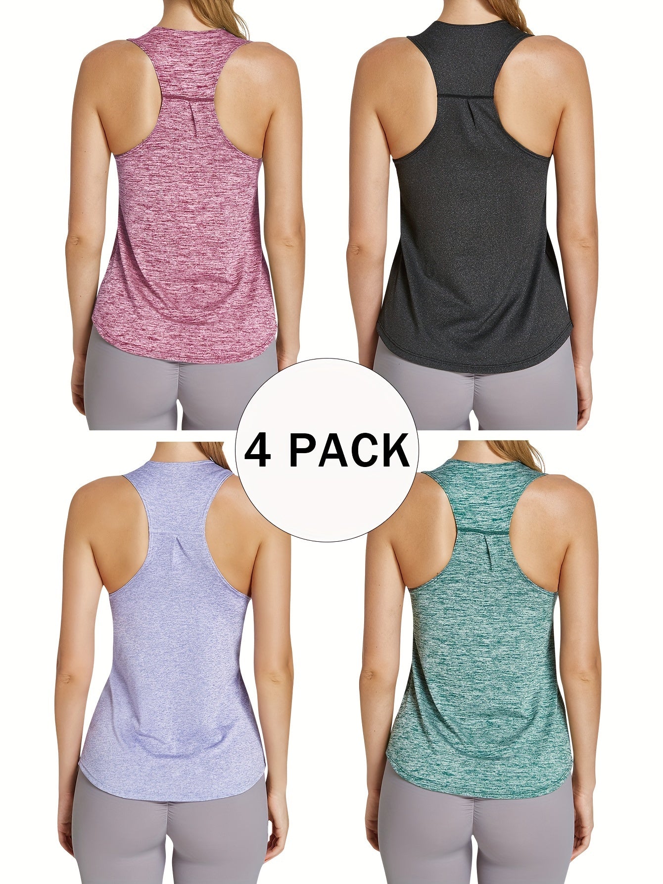 4pcs Women's Quick-Dry Workout Tank Tops - Sleeveless Racerback Yoga Tops with Medium Stretch, Round Neck Activewear for Gym, Training & Casual Wear, 4 Solid Colors (Pink/Black/Dark Grey/Light Teal), Workout Clothes, Gym Appa