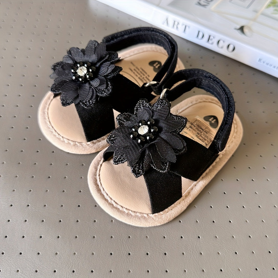 Baby Girls Flower Hook And Loop Sandals, Lightweight Non-Slip Comfy Walking Shoes For Newborn Infant, Summer