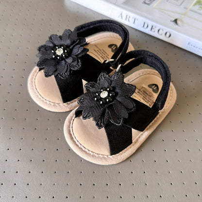 Baby Girls Flower Hook And Loop Sandals, Lightweight Non-Slip Comfy Walking Shoes For Newborn Infant, Summer