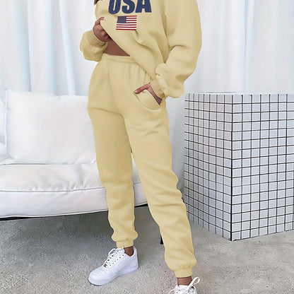 Autumn And Winter Women's Two-piece Set With American Flag Print, Casual Long Sleeved Sportswear And Pants, Women's Clothing