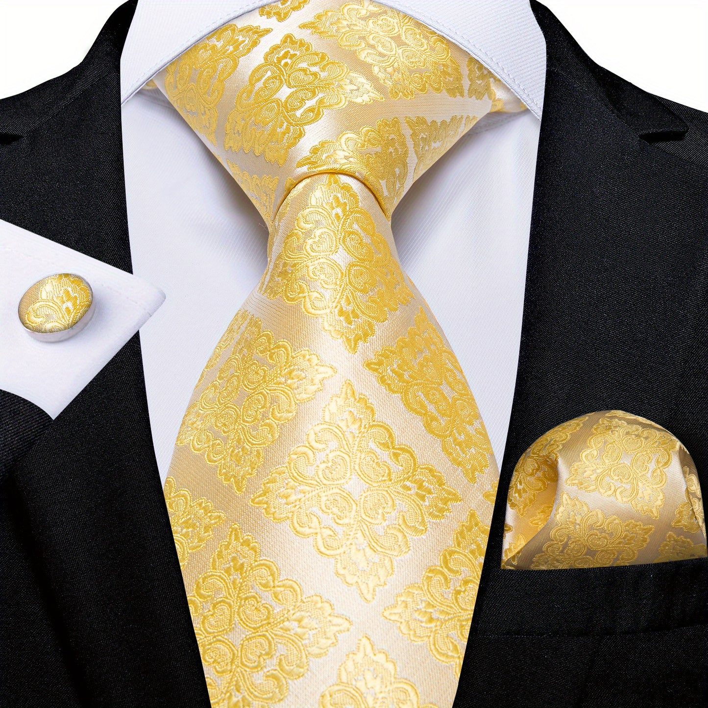 Classic Striped Tie Set For Men Blue Yellow Ties Trendy Woven Necktie Hanky Cufflinks Set Business Tie, Ideal choice for Gifts