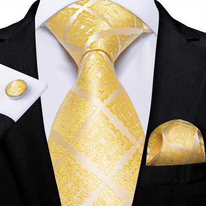 Classic Striped Tie Set For Men Blue Yellow Ties Trendy Woven Necktie Hanky Cufflinks Set Business Tie, Ideal choice for Gifts
