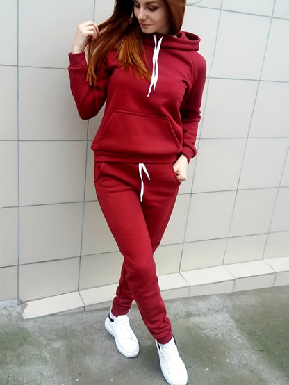 Women'S Casual Polyester Hooded Sweatshirt and Pants Set, Solid Color Long Sleeve Pullover with Pocket Detail, 100% Polyester Knit Fabric, Fall/Winter Sportswear