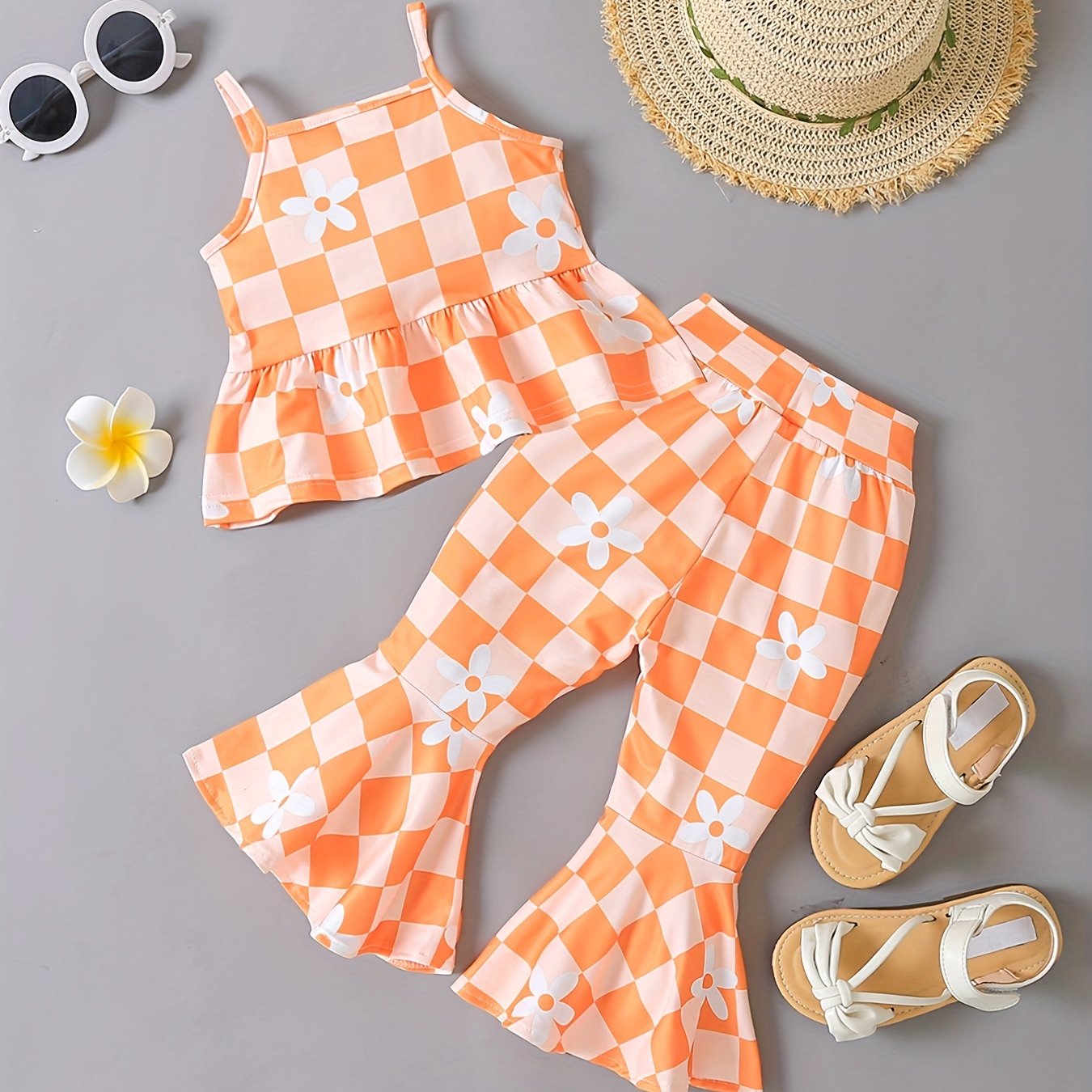 2pcs Adorable Baby Girls Floral Plaid Cami Tops & Flare Pants Set - Soft Medium Stretch Fabric, Ruffle Details, Sleeveless, Casual Style - Perfect for Spring/Summer Season
