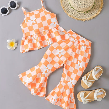 2pcs Adorable Baby Girls Floral Plaid Cami Tops & Flare Pants Set - Soft Medium Stretch Fabric, Ruffle Details, Sleeveless, Casual Style - Perfect for Spring/Summer Season