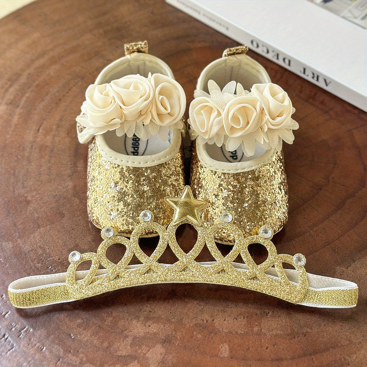 2pcs Baby Girls Mary Jane Flat Shoes With Flower Decor & Crown Headband, Princess Dress Crib Shoes First Walker Shoes For Newborn Infant