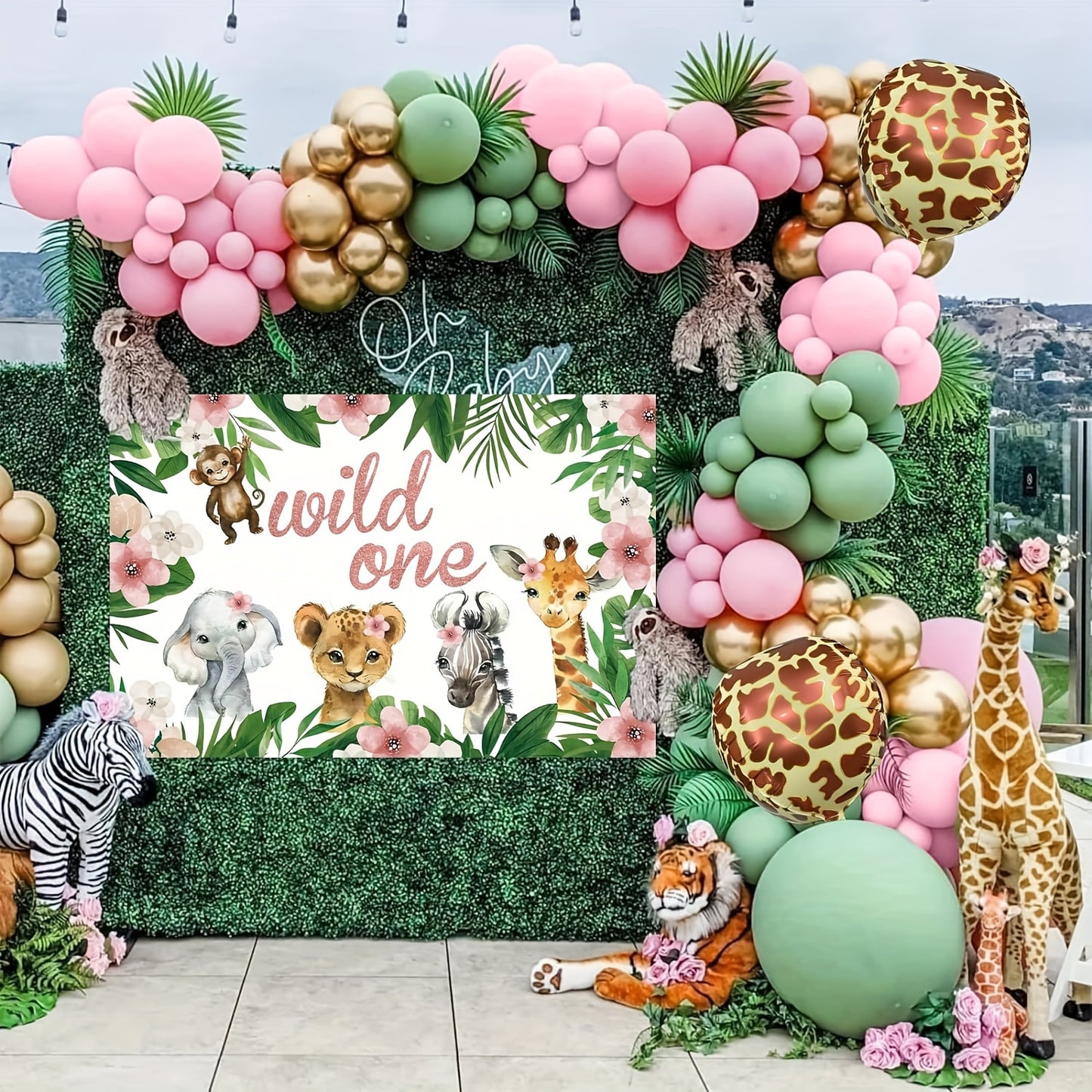 127pcs Wild One Birthday Decorations for Girls of Safari Jungle Theme Balloon Garland Arch Kit, Pink Wild One Balloons Arch with Backdrop 5X3ft for Girl 1st Birthday Party Decor Supplies
