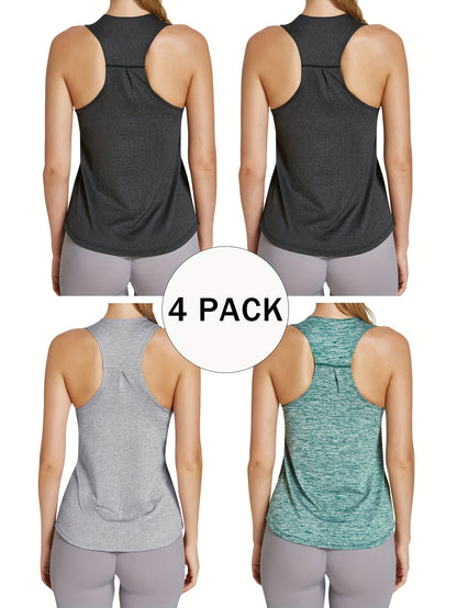 4pcs Women's Quick-Dry Workout Tank Tops - Sleeveless Racerback Yoga Tops with Medium Stretch, Round Neck Activewear for Gym, Training & Casual Wear, 4 Solid Colors (Pink/Black/Dark Grey/Light Teal), Workout Clothes, Gym Appa